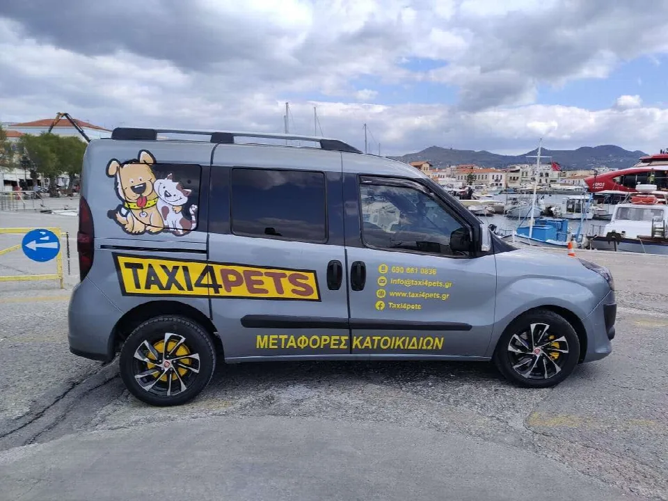 Το όχημα του Taxi4Pets σε παραλιακό λιμάνι, έτοιμο για μεταφορά κατοικιδίου